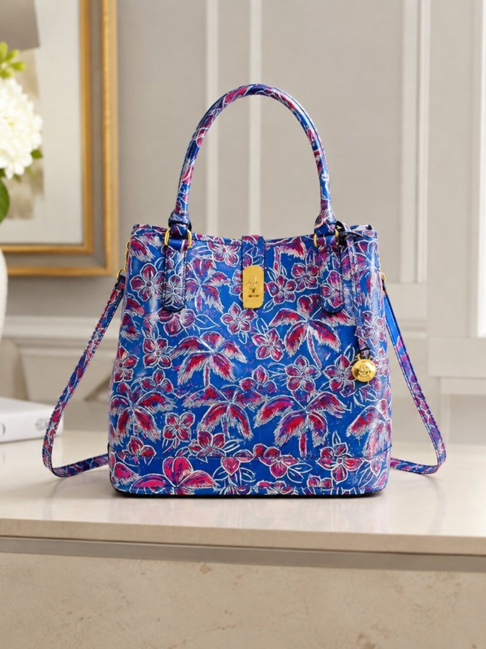 Brahmin Giora Tote Vista Blue Torrone Floral Palm Leather NWT